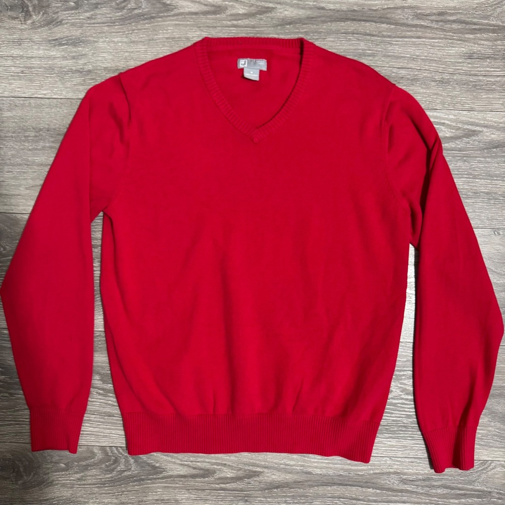 JCP Mens V-Neck Sweater Red 100% Combed Cotton Long Sleeve Size M Classic Fit